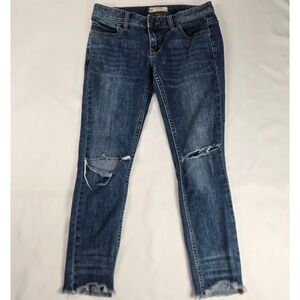 Free People Distressed Knee Fray Hem Denim Jeans Dark Wash Blue Sz 26 Retro Rock